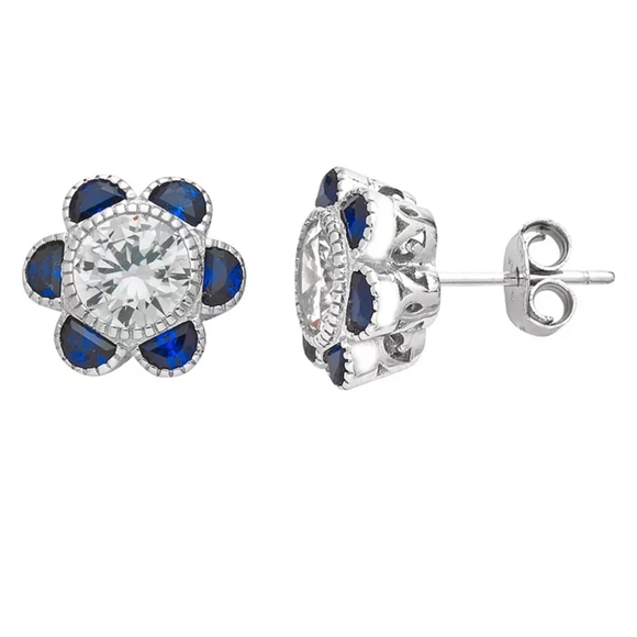 Tanzanite sterling silver earrings studs flowers CZ sparkly Tested estate - Picture 5 of 15